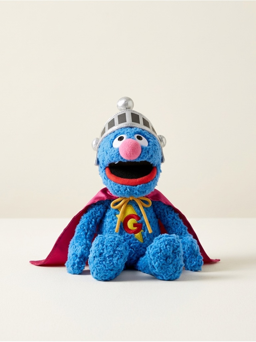 Blue Plush Hero Puppet Toy with Pink Cape